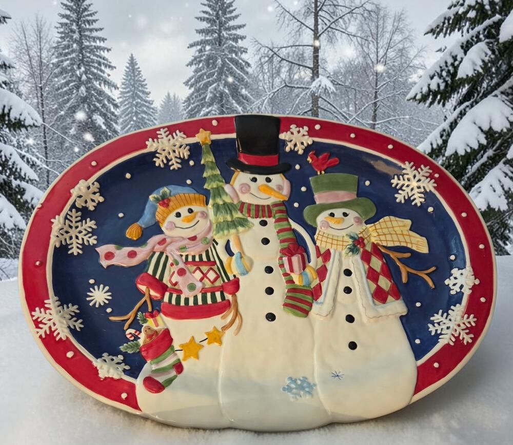 Fitz and Floyd Frosty Friends Collection Platter 18" Oval Sculpted NIB